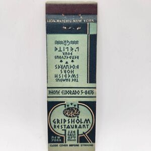 Vintage Matchcover Gripsholm Restaurant New York 324 East 57th Street Sweedish